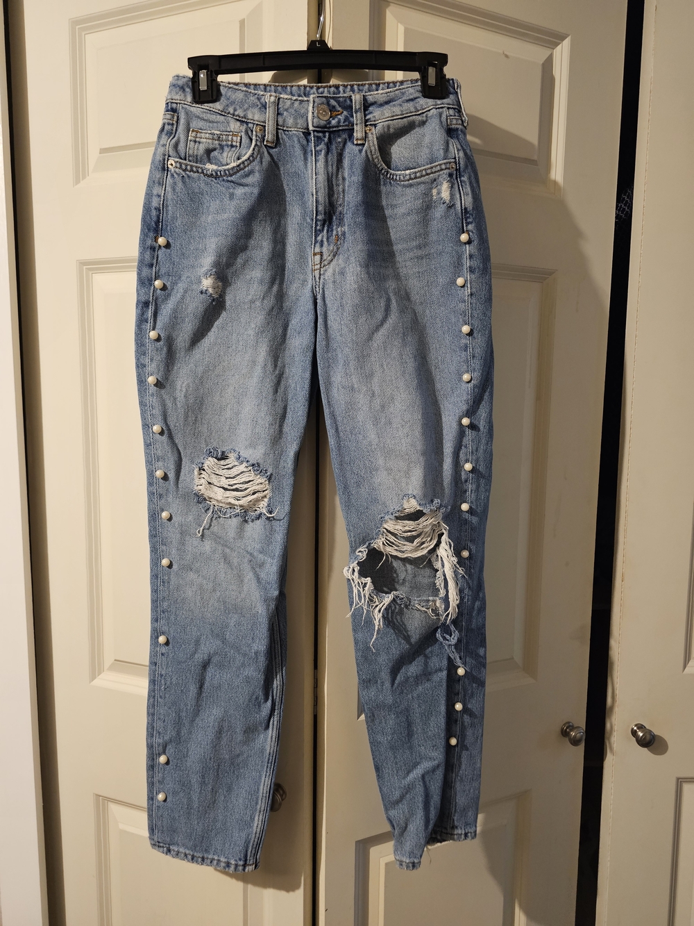 H&M Light Blue Distressed Boyfriend Jeans with Pearl Side Buttons